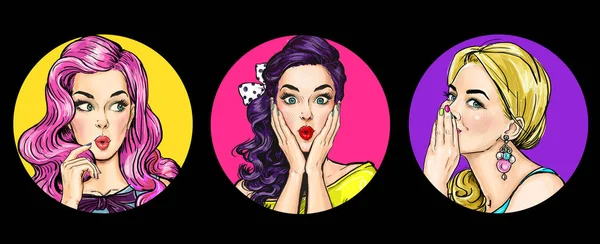 Set of amazed women in pop art style.Gossip girls with wow face. Advertising poster of sale or discount with sexy club girls.