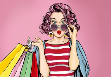 Komik tarzda alışveriş çantaları ile gözlük hayran genç seksi kadın. Pop Art wow kız. Sürpriz Dergi kapak kadın modeli ile reklam poster.