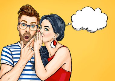 Dedikodu çift. Hayret erkek ve kadın bir şey hakkında konuşuyor. Pop Art insanlar konuşma. 