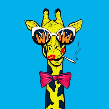 Pop art giraffe in glasses with red bow smoking cigarette.Wow.OMG.