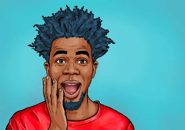 Portrait of black man  says wow with open mouth to see something unexpected. Shocked  guy with surprised expression. Emotions concept