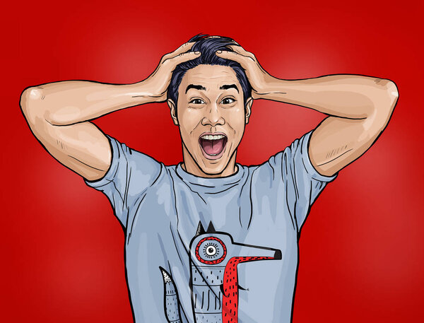 Portrait of amazed asian man says wow with open mouth to see something unexpected. Shocked guy with surprised expression. Emotions concept.Happy men.Technology desig