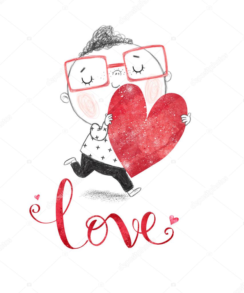 Smiling sketch boy with red heart in the hands. I love you postcard.  Valentine's day greeting card with stick boy in glasses. 