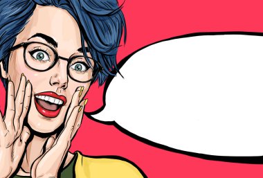 Attractive young sexy woman is announcing, telling a secret, shouting or yelling. Advertising poster of comic lady saying Hey or Wow clipart