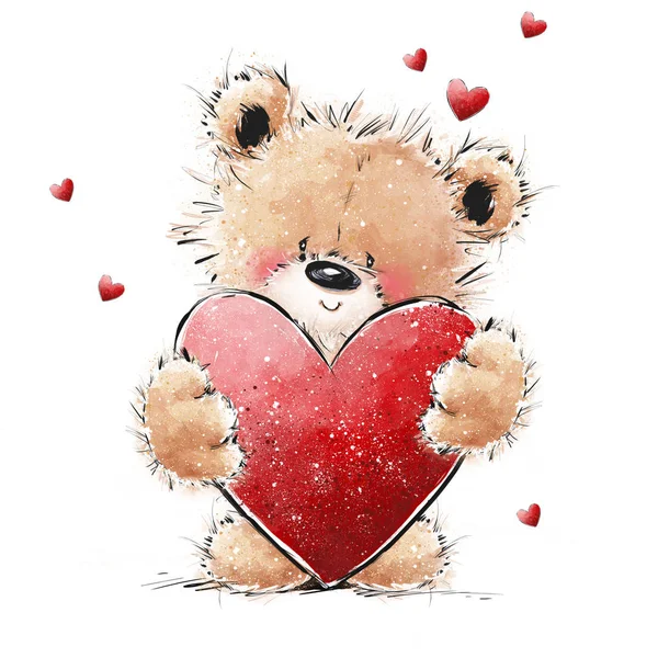 Cute Teddy Bear in love with big red heart. Valentines or Mothers day postcard.
