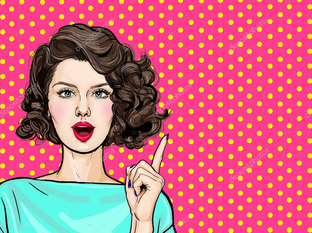 Sorprendido joven sexy mujer con la boca abierta y el dedo hacia arriba