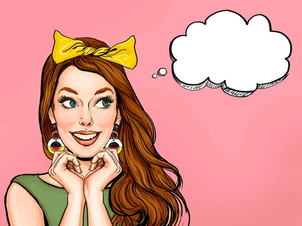 Surprised Young Smiling Woman Looking Speech Bubble Amazed Lady Saying — Stock Photo, Image