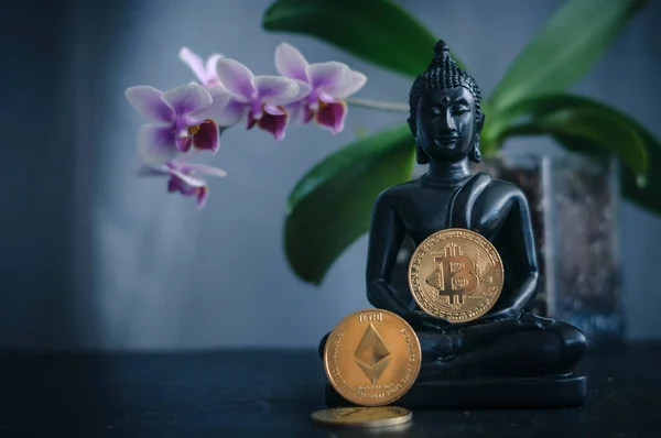 Bitcoin Orkide Arka Plan Üzerinde Olan Buda Nın Rakam — Stok fotoğraf