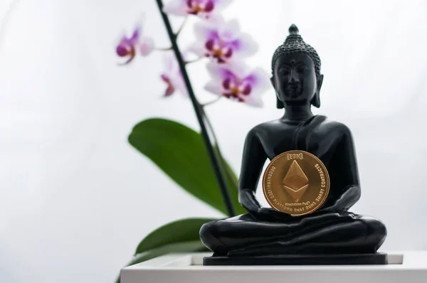 Figure Bouddha Avec Pièce Monnaie Éthérée Sur Fond Des Orchidées — Photo