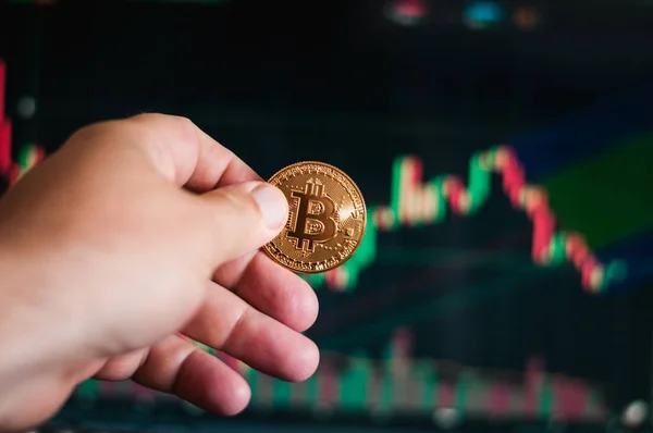 hand holding a gold coin bitcoin on the background of the exchange chart