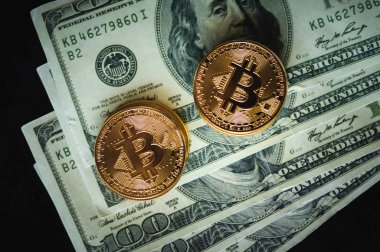 Altın bitcoin yalan banknot dolar bir paket üzerinde