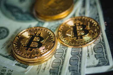 Altın bitcoin yalan banknot dolar bir paket üzerinde