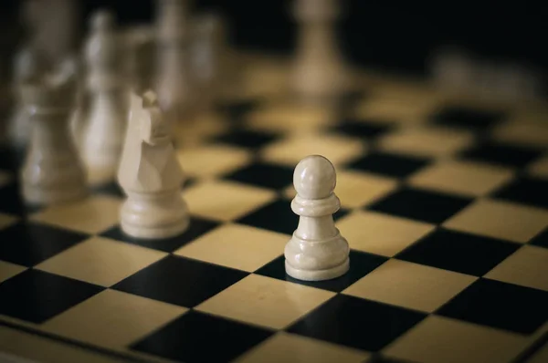 Verschillende Witte Schaakstukken Een Schaakbord Met Een Pion Het Centrum — Stockfoto