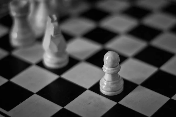 Peças de xadrez no tabuleiro, foto em preto e branco — Fotografia de Stock