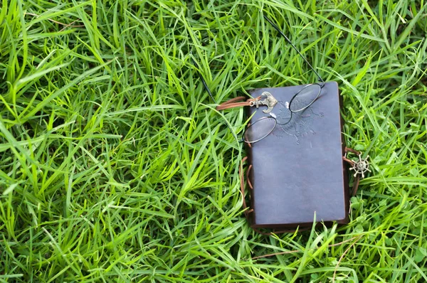Läder anteckningsbok på gräs — Stockfoto