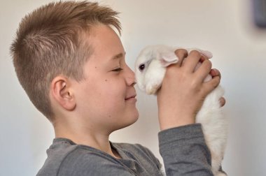 Elinde beyaz bir tavşan olan bir çocuk.