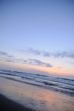 Çerçevesinde iki palmiye ağacı olan kumlu bir sahilde güzel bir gün doğumu.