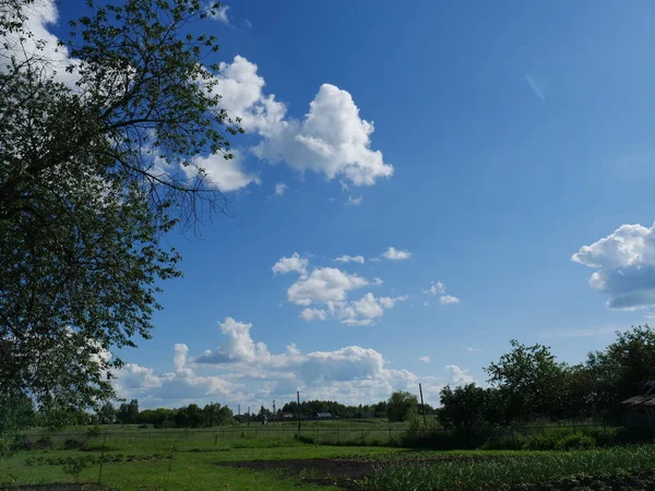 Сільський Пейзаж Синє Небо Білі Хмари Сонячний День Літо — стокове фото