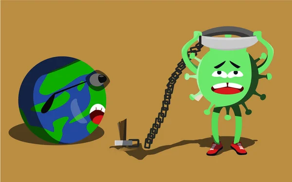 The corona and earth virus, a cartoon version to illustrate the current state of the world. The previously chained corona virus has successfully freed itself with the strength of its arm, causing the earth beside it to be shocked.