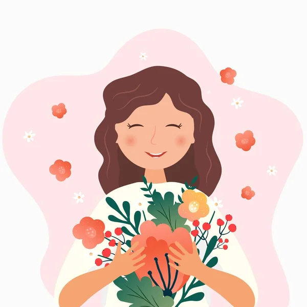 Romantyczna Ilustracja Uroczym Charakterze Wektor Uśmiechnięta Dziewczyna Kwiatami — Wektor stockowy