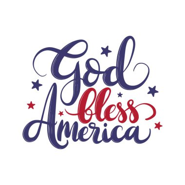 Tanrı Amerika 'yı korusun. Vector Typography el yazısı. Amerikan bayrağı renkleriyle illüstrasyon. Tişört izi.