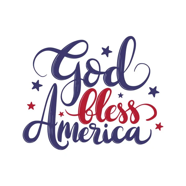 Tanrı Amerika 'yı korusun. Vector Typography el yazısı. Amerikan bayrağı renkleriyle illüstrasyon. Tişört izi.