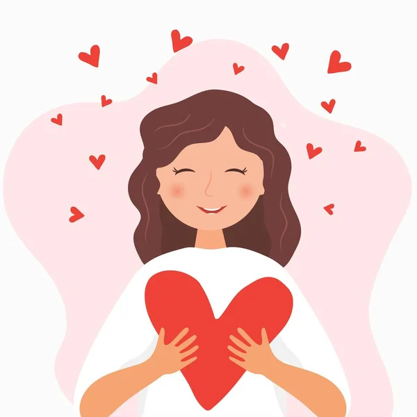 Romantic Illustration Cute Character Vector Smiling Girl Heart Happy Valentine — Stock Vector