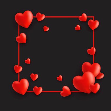 Sevgililer Günü kartın kutlu olsun, çerçevede siyah arka planda kalpler var. Vektör pankartı 