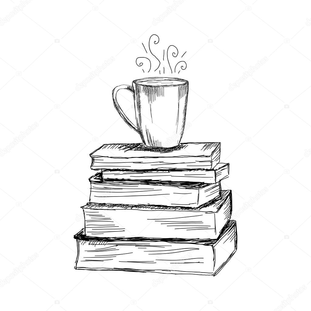 Hand drawn illustration of books and cup of coffee  in sketch style. 