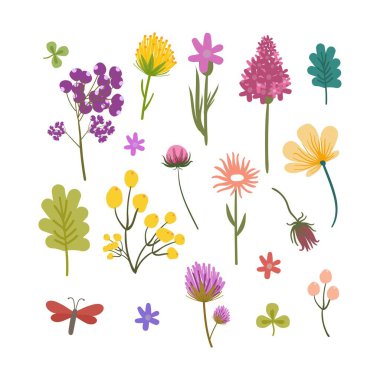 Çiçek elementleri seti. Güzel vektör karalama çiçekleri. Tebrik kartı için bahar öğeleri