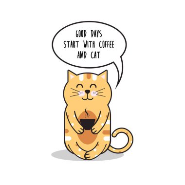 Bir fincan kahveyle sevimli bir kedi. Güzel günler kahve ve kediyle başlar. Kawaii hayvanı