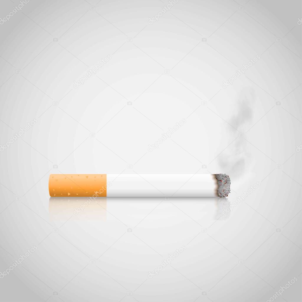 Realistic Burns cigarette with smoke on grey background. No smoking illustration