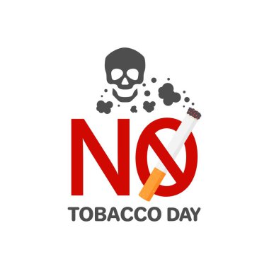 Tütün günü yok. Sigara, duman ve kurukafa ile imzalayın. Beyaz arka planda vektör illüstrasyonu