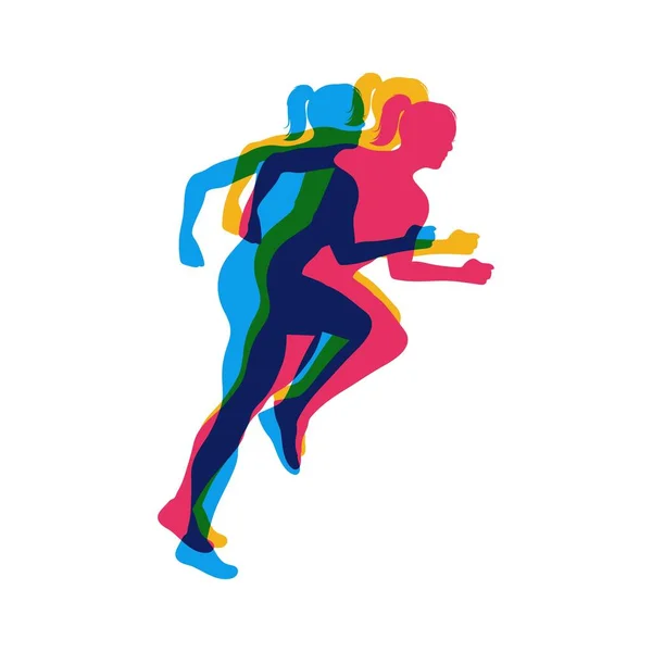 Koşan Kızlar Renkli Posterler Koşu Maratonu Koşan Insanlarla Vektör Yaratıcı — Stok Vektör