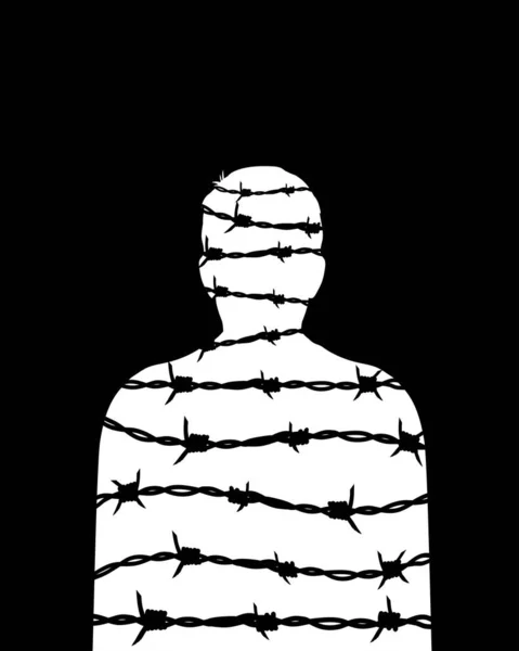 Freedom Concept Man Silhouette Barbed Wire Vector Prisoner — Stock Vector