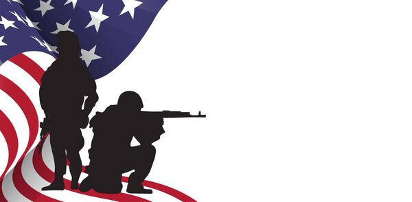 Military  Army background with soldiers silhouettes and american flag. USA patriotic illustration