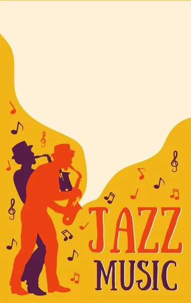 Caz müzik festivali için caz müzisyenlerinin silueti olan poster şablonları. Retro tarzı illüstrasyon