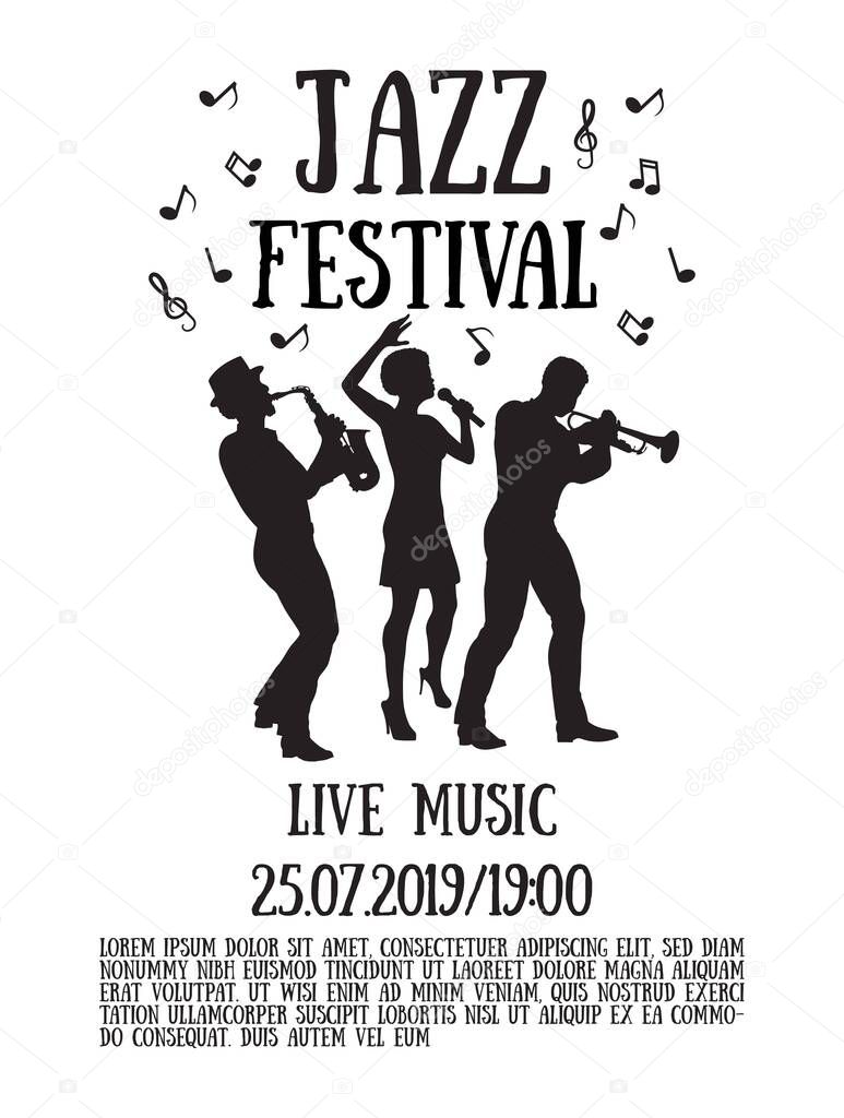 Jazz  festival poster. Silhouettes  of trumpet player, saxophonist and african woman singer. 50's or 60's style musicians 