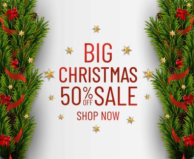 Mutlu Noeller ve mutlu yeni yıl indirimi afişleri. Altın süslemeli Noel ağacı sınırı. İş ilanı.