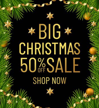 Mutlu Noeller ve mutlu yeni yıl indirimi afişleri. Altın süslemeli Noel ağacı sınırı. Businnes broşürü