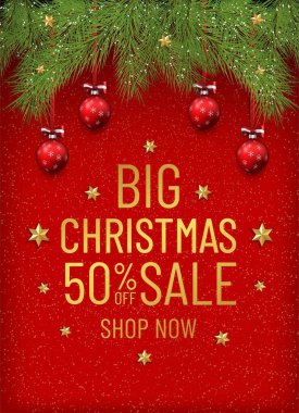 Mutlu Noeller ve mutlu yeni yıl indirimi afişleri. Altın süslemeli Noel ağacı sınırı. İş ilanı.