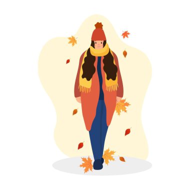 Sonbahar yaprakları, şapkası, atkısı olan vektör kız. Sonbahar geldi. Vektör şirin karakter.