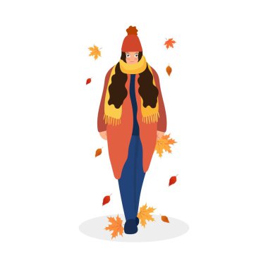 Sonbahar yaprakları, şapkası, atkısı olan vektör kız. Sonbahar geldi. Vektör şirin karakter.