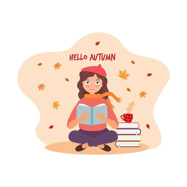 Hello Autumn Autumn Time Vector Cute Character Sitting Girl Books — Stock Vector