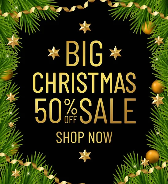 Mutlu Noeller ve mutlu yeni yıl indirimi afişleri. Altın süslemeli Noel ağacı sınırı. Businnes broşürü