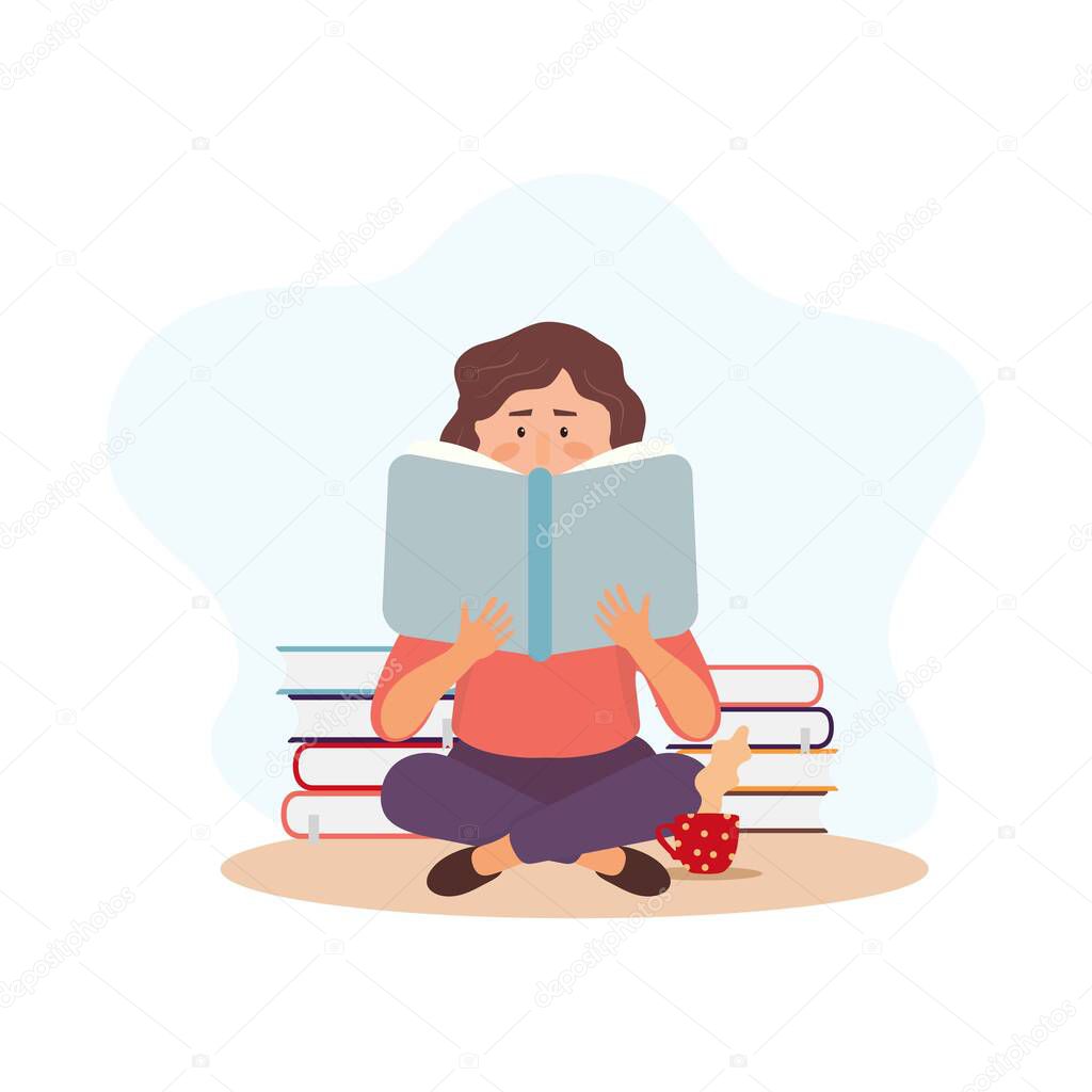 Young reading woman character with books and cup of coffee.Education illustration