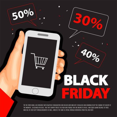 Kara Cuma satış planı, el ve akıllı telefonlu. Kara Cuma afişi. Vektör tanıtımı çevrimiçi alışveriş illüstrasyonu