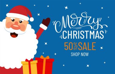 Noel sevimli çizgi film karakteri. Noel Baba 'yla Noel kartı, hediyeler ve satış promosyonu.