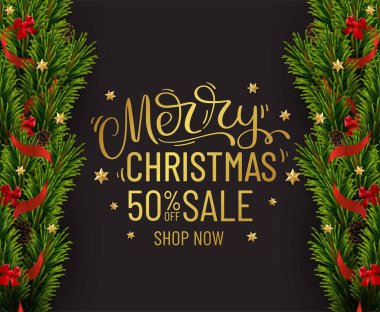 Mutlu noel indirimi afişleri. Altın süslemeli Noel ağacı sınırı. İş ilanı.