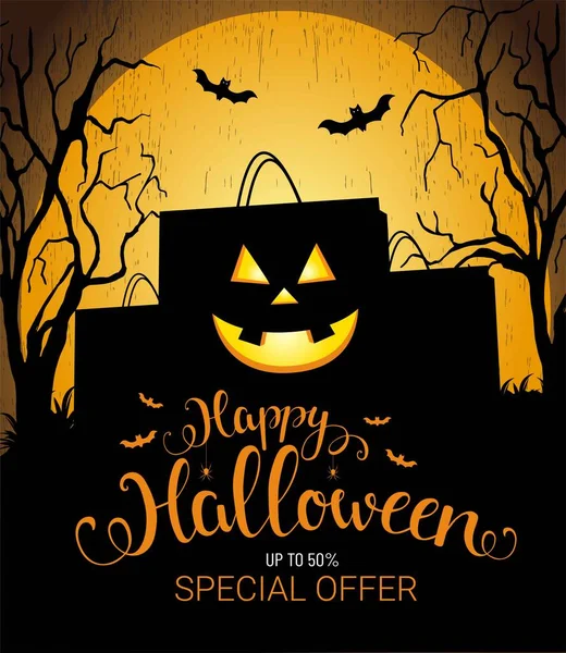 Ilustración Vectorial Halloween Con Una Bolsa Compras Sonriente Letras Banner — Vector de stock